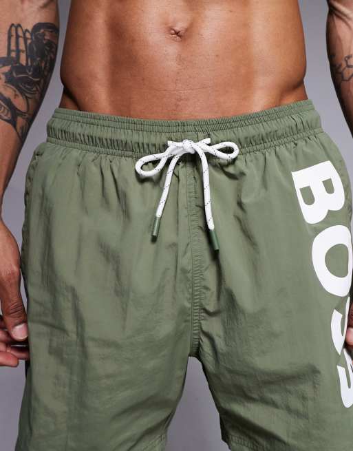 Boss Octopus logo swim shorts in khaki, 4 of 5