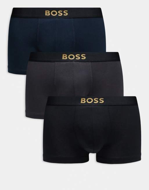 BOSS One Bodywear - Pakke med 3 par boksershorts i marineblå/grå med guldfarvet ikonlogo foran