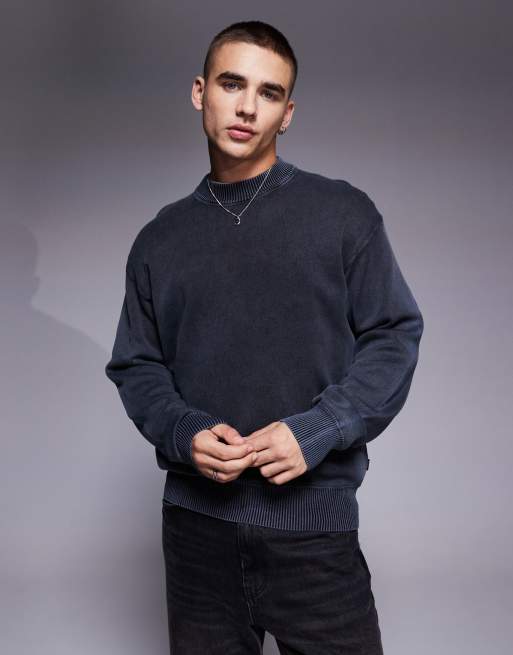 BOSS Orange - Akapulk - Pull en maille de coton surteint à logo ton sur ton coupe décontractée - Bleu moyen