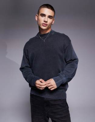 BOSS Orange Akapulk tonal logo overdye cotton knit jumper relaxed fit in mid blue - view 1