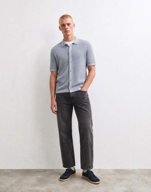 Boss Orange Akepalo locker geschnittenes Strickhemd mit Knopfleiste in Grau, 7 von 10