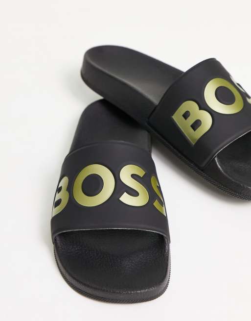 Gold hugo boss sliders hot sale