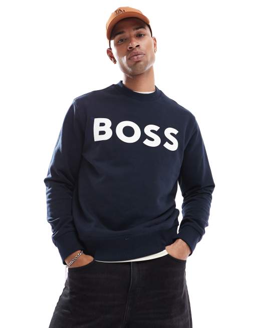 BOSS Orange - Basic sweatshirt met ronde hals in marineblauw met logoprint
