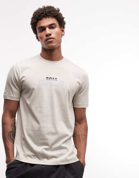 BOSS Orange – Beżowy T-shirt z taśmą z logo - view 1