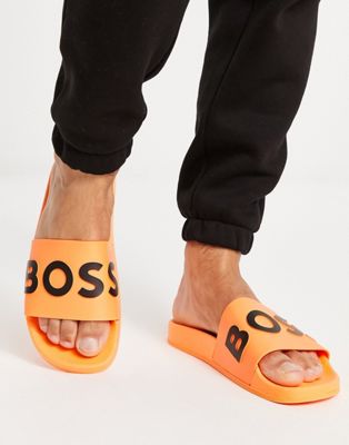 BOSS Orange Black Bay logo sliders in open orange - ASOS Price Checker