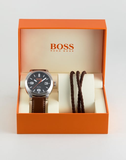 By Hugo Boss Watch & Bracelet Gift Set In Brown | ASOS