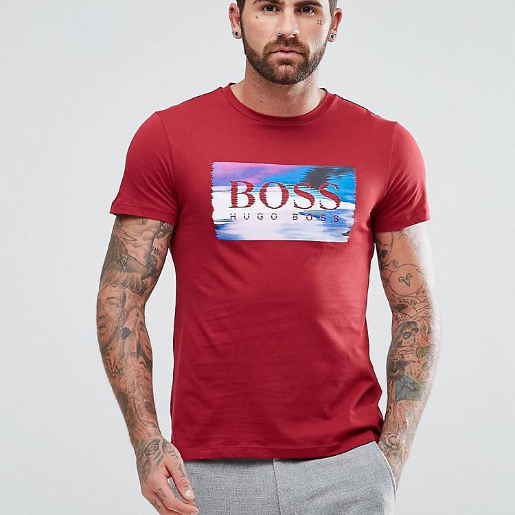 BOSS Orange by Hugo Boss – Typical 2 – Rotes T-Shirt mit großem  Grafiklogoprint | ASOS