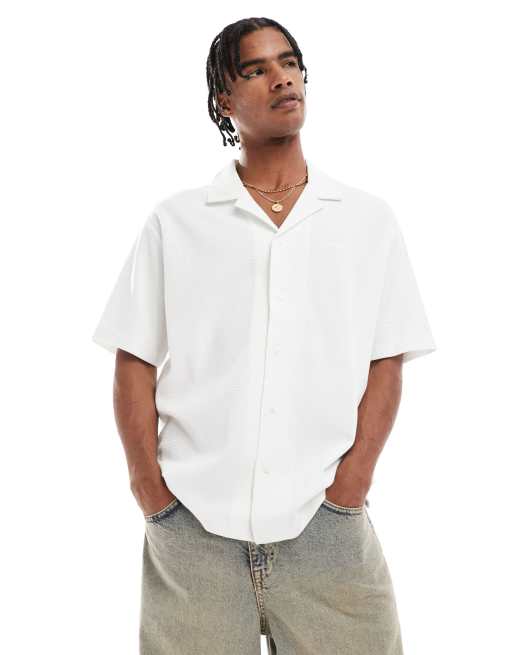 BOSS Orange - Camicia comoda a maniche corte color pietra piqué con colletto a rever