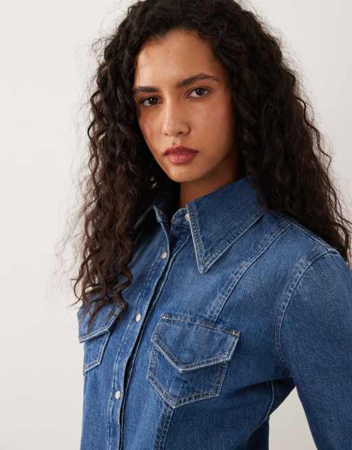 BOSS Orange - Camicia in denim aderente blu medio in coordinato, 4 di 4