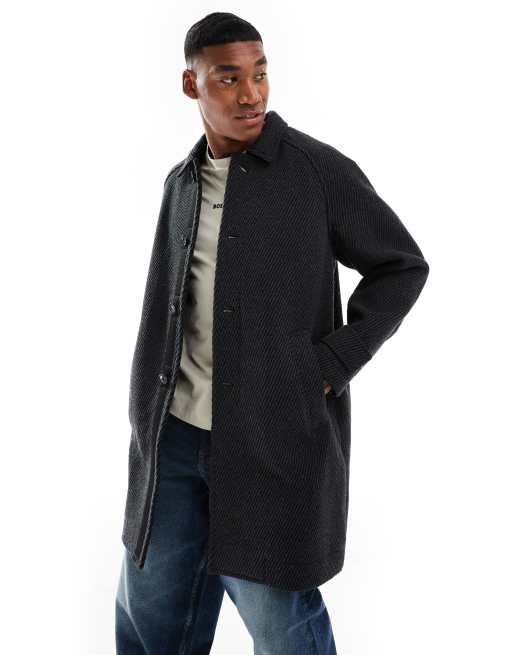 BOSS Orange - Cappotto comodo taglio lungo con motivo a spina di pesce nero e grigio