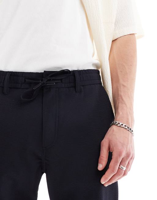 BOSS Orange Chino-Tapered textured drawstring trousers in navy, 3 of 5