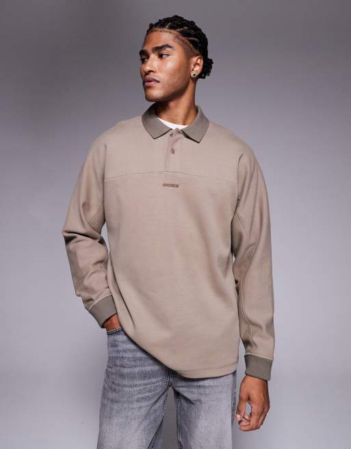BOSS Orange – Ciemnobeżowa gruba koszulka polo o luźnym kroju z logo na środku