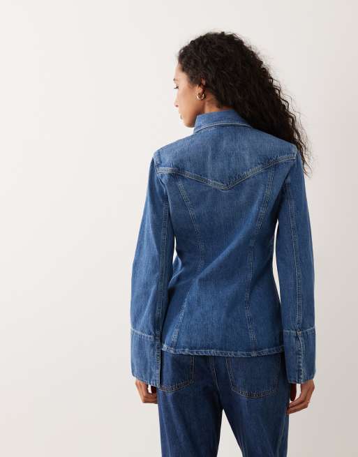 BOSS Orange co-ord fitted denim shirt in mid blue, 3 of 4
