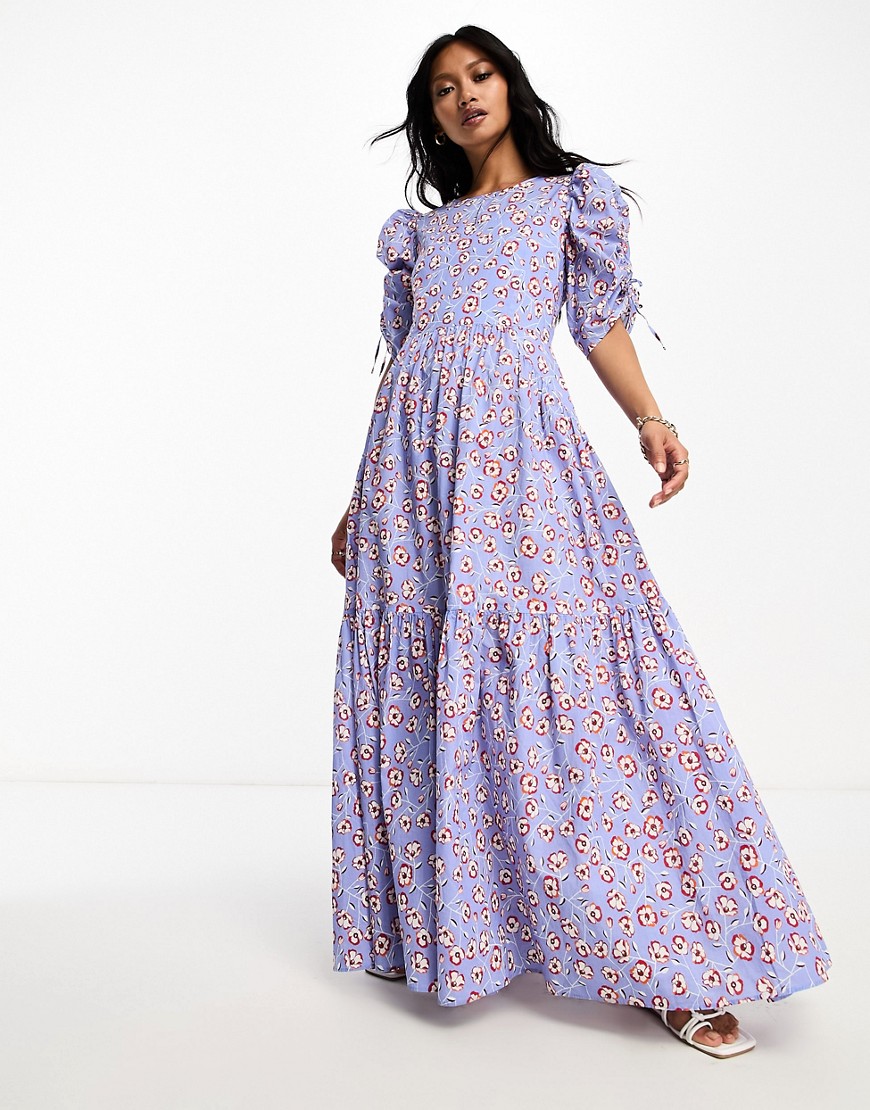 BOSS Orange Debest floral maxi dress in light blue with puff sleeves