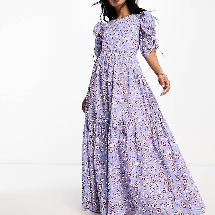BOSS Orange Debest floral maxi dress in light blue with puff sleeves | ASOS