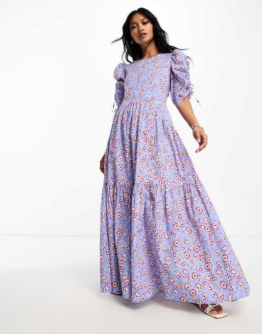 BOSS Orange Debest floral maxi dress in light blue with puff sleeves | ASOS