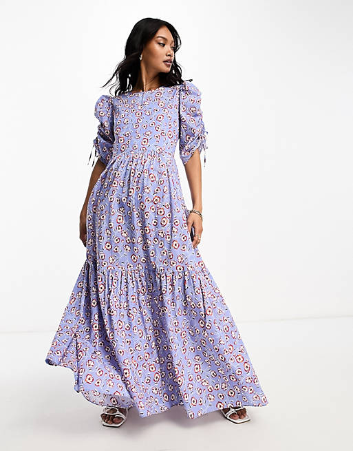 BOSS Orange Debest floral maxi dress in light blue with puff sleeves | ASOS