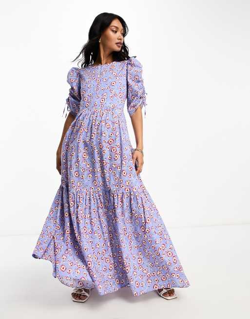 BOSS Orange puff ASOS maxi dress Debest with sleeves light in floral blue 