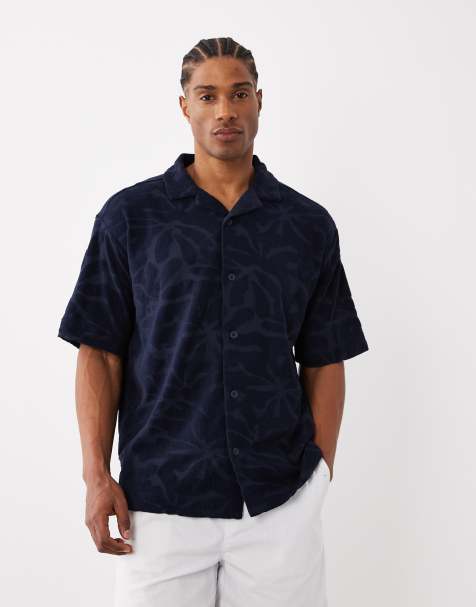 BOSS Orange floral towelling shirt in dark blue - view 1