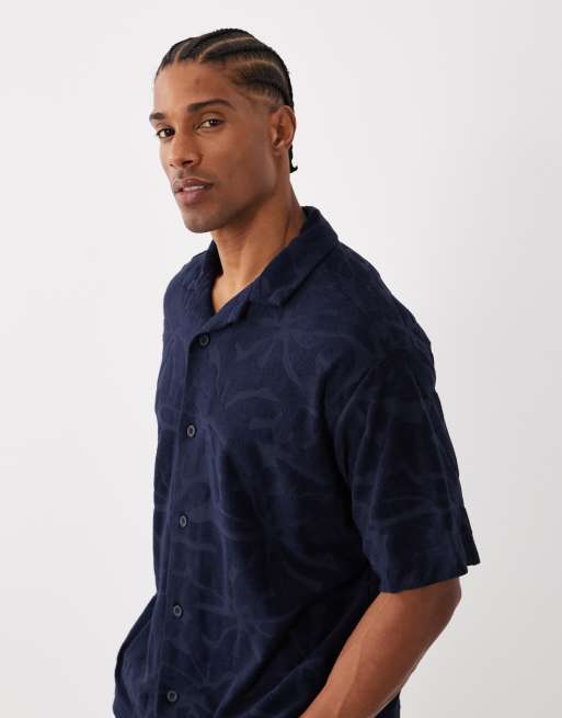 BOSS Orange floral towelling shirt in dark blue, 4 of 5
