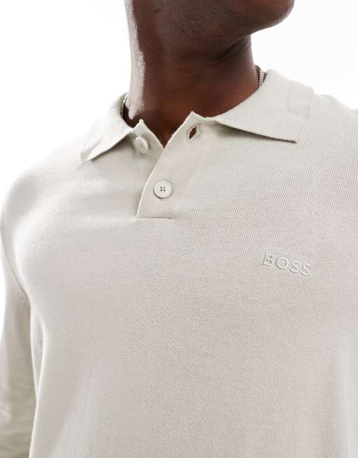 Boss Orange - Gebreid poloshirt met lange mouwen in lichtbeige, 2 van 4
