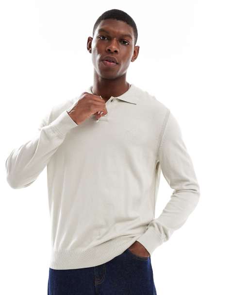 Boss Orange long sleeve knitted polo top in light beige