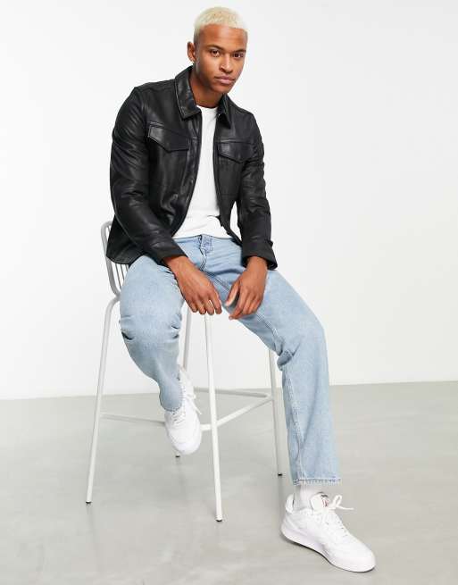 BOSS Jobean leather zip through jacket black ASOS