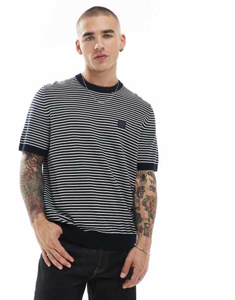 BOSS Orange Kanache stripe relaxed fit knit t-shirt in navy