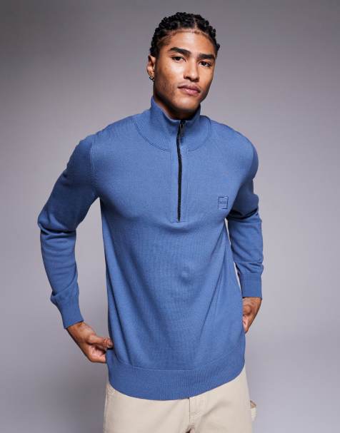 BOSS Orange kanobix fine knit half zip jumper in mid blue