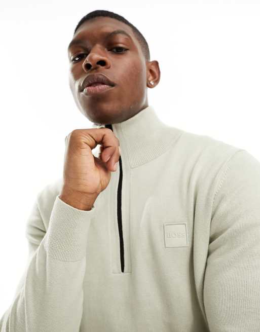 BOSS Orange - Kanobix - Maglione beige chiaro con zip corta