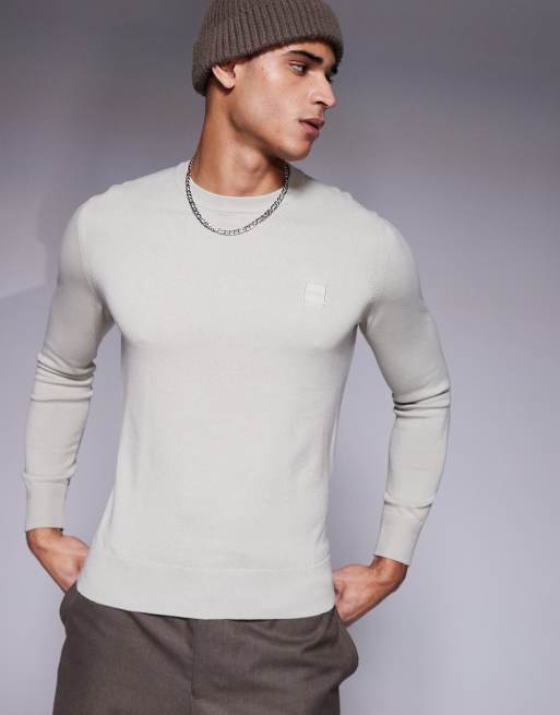 BOSS Orange - Kanovano - Maglione beige regular fit in cotone con logo tono su tono