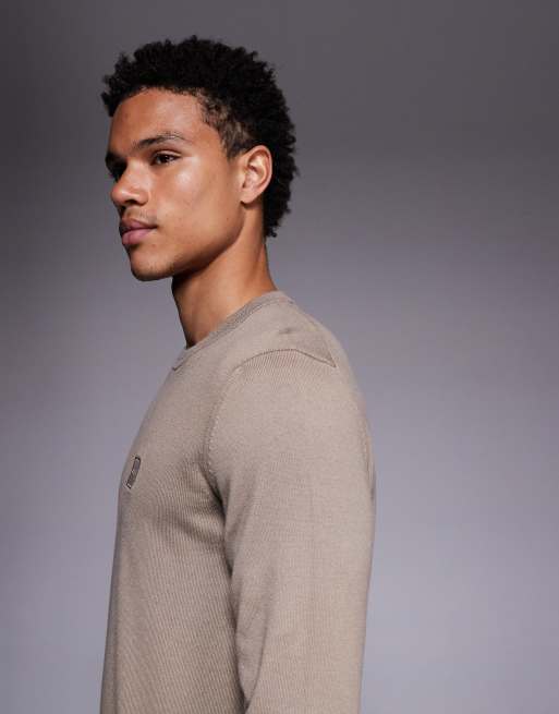 BOSS Orange - Kanovano - Pull coupe classique en maille fine avec logo ton sur ton - Beige, 4 de 5