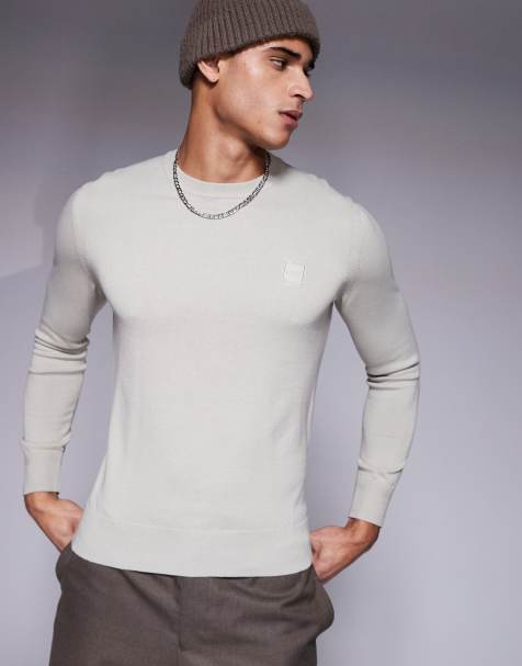 BOSS Orange Kanovano tonal logo cotton knit jumper regular fit in beige - view 1
