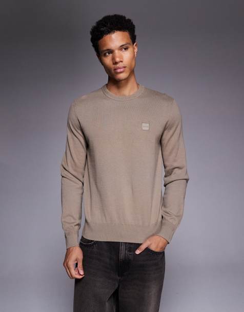 BOSS Orange Kanovano tonal logo fine knit jumper regular fit in dark beige - view 1