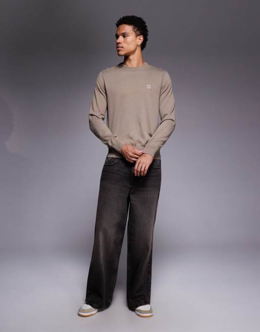 BOSS Orange Kanovano tonal logo fine knit jumper regular fit in dark beige, 2 of 5