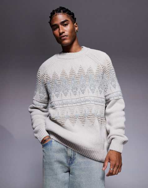 Boss Orange karombo relaxed fit textured fair isle knit sweater in light beige - view 1