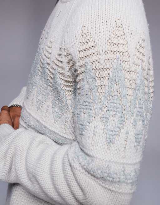 Boss Orange Karombo relaxed fit textured fair isle knitted jumper in light beige, 4 of 5