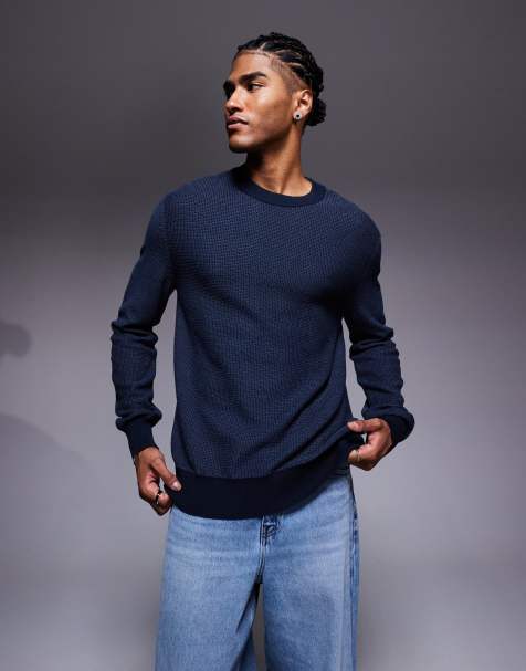 Boss Orange klapok regular fit crew neck textured knit jumper in navy