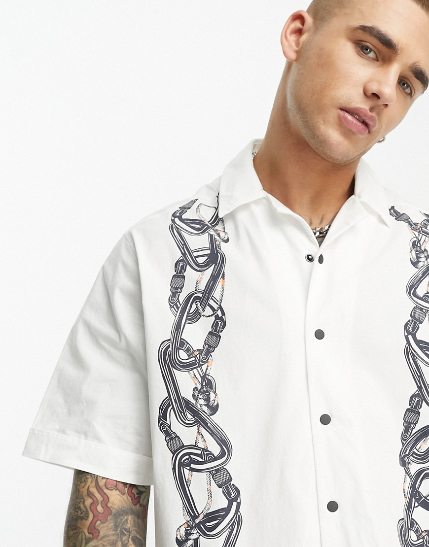 BOSS Orange Lapis 3 relaxed fit short sleeve shirt in white with chain print