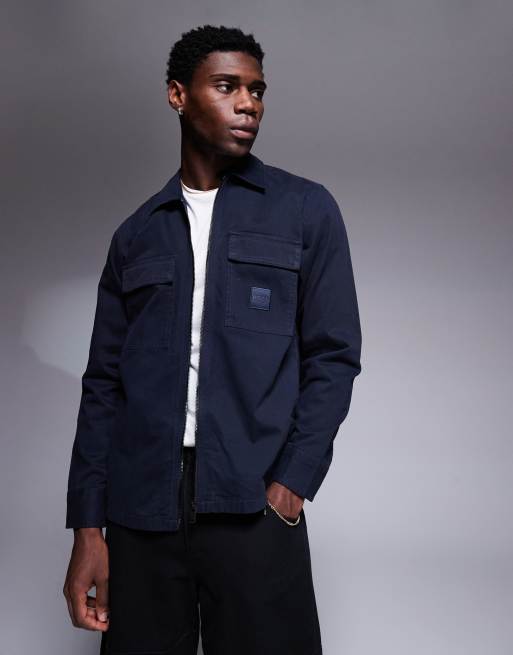 BOSS Orange - Lovel - Overshirt met logobadge, rits aan de voorkant en oversized pasvorm in marineblauw