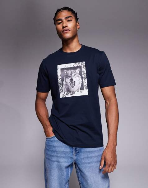 BOSS Orange – Lupo – Granatowy T-shirt o regularnym kroju z nadrukiem wilka na piersi - view 1