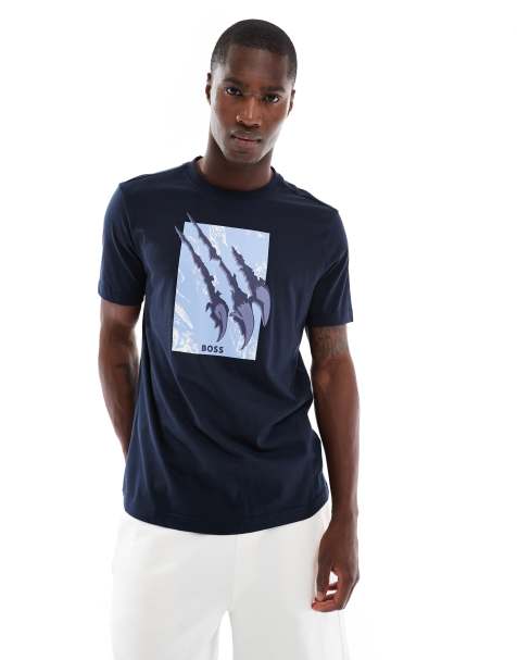 BOSS Orange - Marineblå T-shirt med print på brystet - view 1