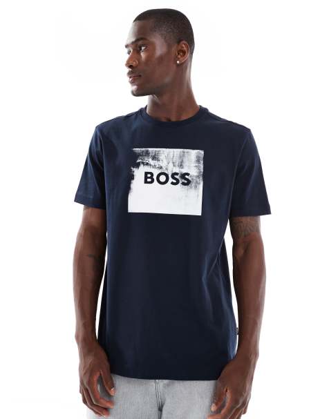 BOSS Orange - Marineblå T-shirt med print på brystet - view 1