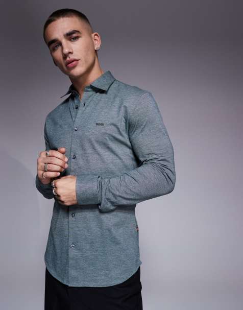 BOSS Orange Mysoft tonal logo pique shirt slim fit in heathered dark green - view 1