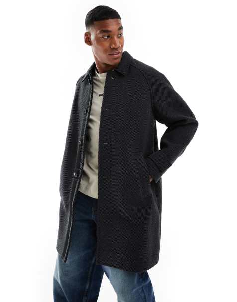 BOSS Orange ocozy herringbone longline overcoat in black and grey - view 1
