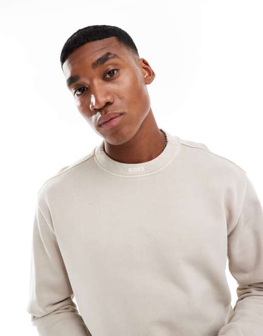 BOSS Orange - Overdyed sweatshirt met ronde hals en borduursel op de kraag in beige