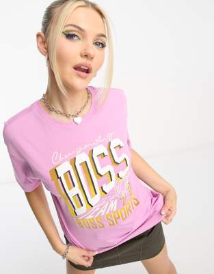 BOSS Orange - Oversize-T-Shirt in Rosa mit College-Logo