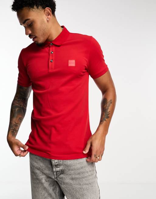 HUGO - Cotton-piqué slim-fit polo shirt with red logo label