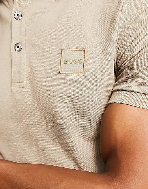 BOSS Orange Passenger slim fit polo shirt in beige | ASOS