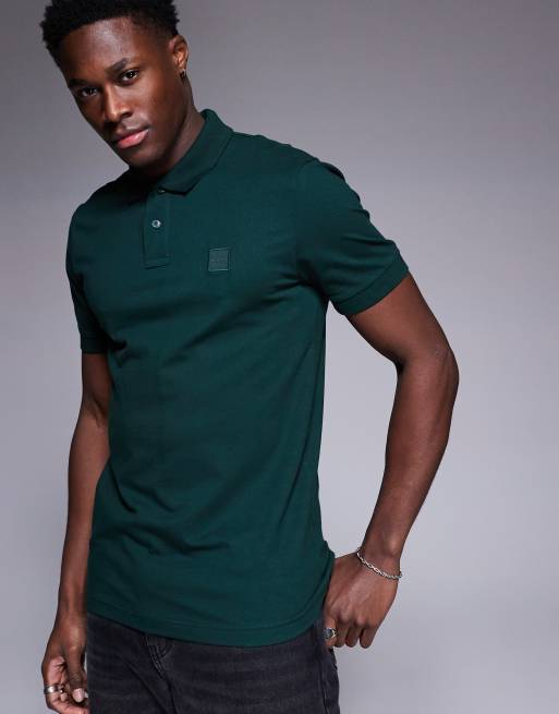BOSS Orange Passenger tonal logo pique polo slim fit in dark green, 3 of 4